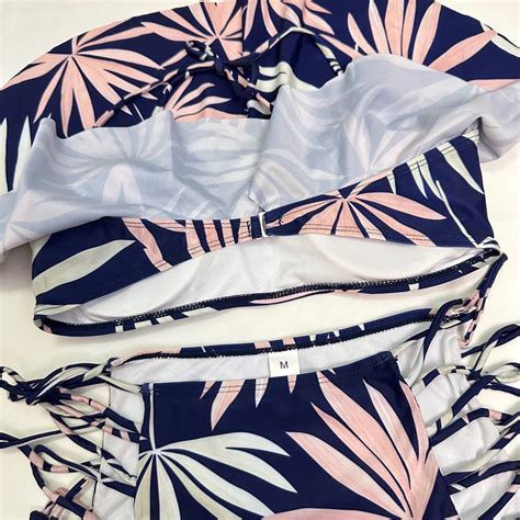 Halter Flowy Tube Top Two Piece Swimwear Bikini Criss Cross Bottom In Printed Palm Leaves Navy