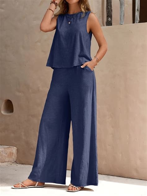 Solid Elegant Two Piece Set Sleeveless Tank Top And Wide Leg Loose Pants