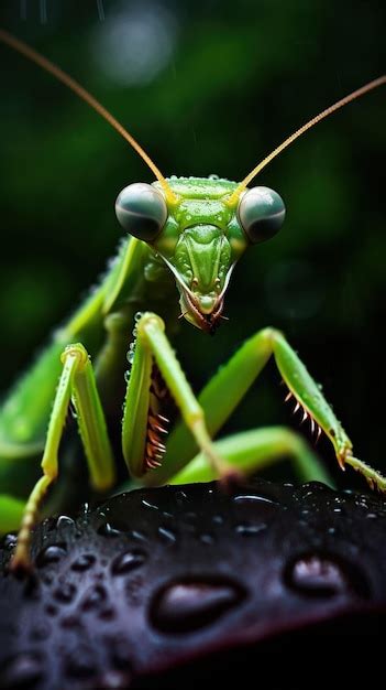 Una Mantis Religiosa Se Sienta Sobre Un Fondo Negro Foto Premium