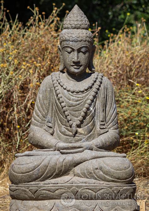 SOLD Stone Meditating Buddha Sculpture With Mala And Floral Robes 40