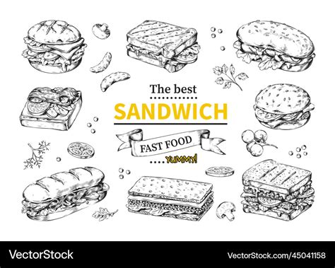 Sandwich Sketch Bagel And Bruschetta Breakfast Vector Image