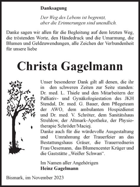 Traueranzeigen Von Christa Gagelmann Abschied Nehmen De