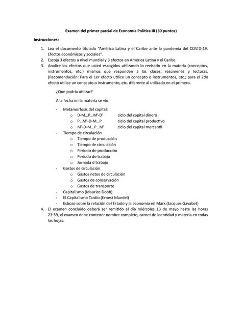 Examen Del Primer Parcial De Economía Política Iii I 2020 Examen Del