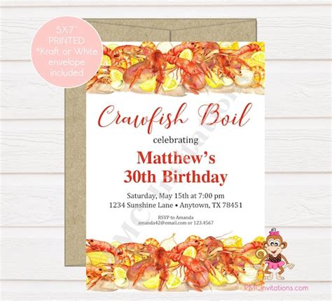 Custom Printed 5x7 Crawfish Boil Invitation Crawfish Cajun Crawfish