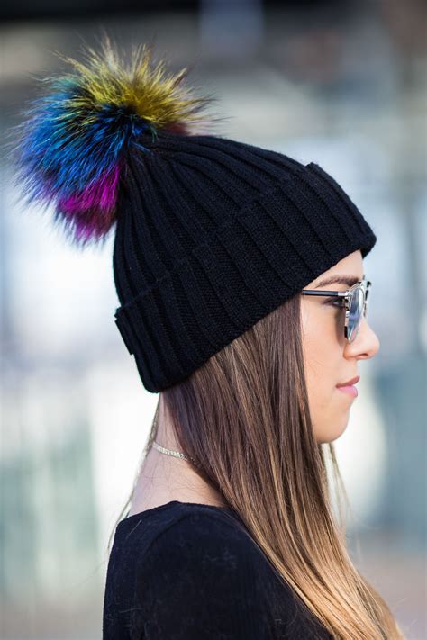 Black Wool Hat With Genuine Fox Fur Pom Pom Women Hats And Scarfs