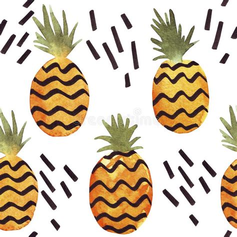 Hand Drawn Watercolor Seamless Pattern Fruits Pineapples On Blue