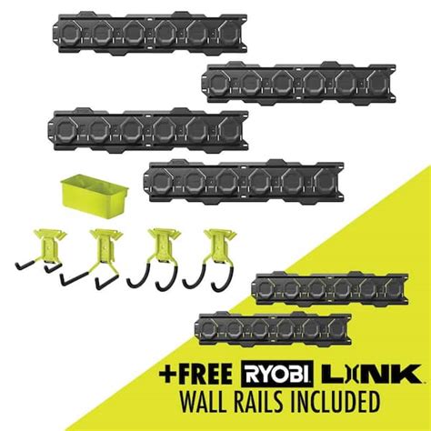 RYOBI LINK 7-Piece Wall Storage Kit with LINK Wall Rail (2-Pack) and ...