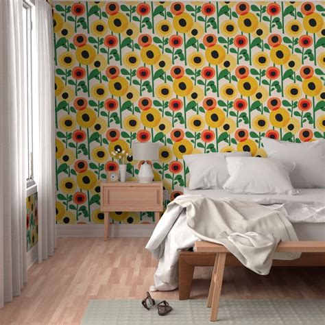 Mid Century Poppy Abstract Warm Yellow Wallpaper Spoonflower