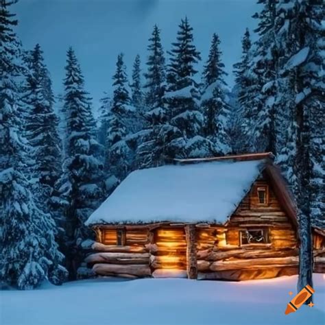 Serene Log Cabin Surrounded By Snowy Mountains And Pine Trees On Craiyon