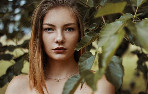 Wallpaper Look Leaves Branches Nature Model Portrait Makeup