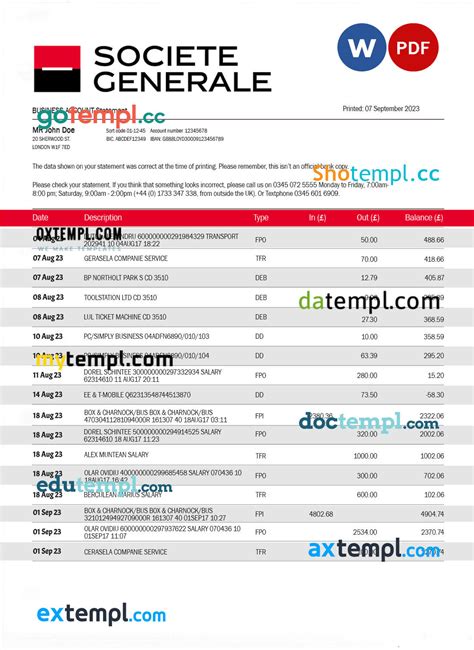 Societe Generale Bank Firm Account Statement Word And PDF Template