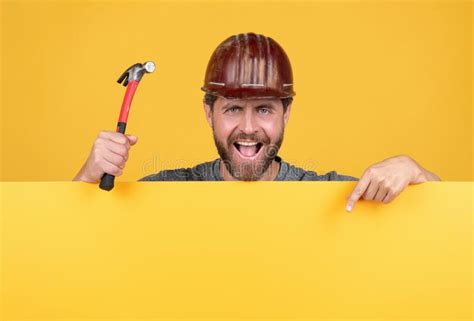 Happy Labour Day Mature Man In Helmet With Hammer Stock Photo Image