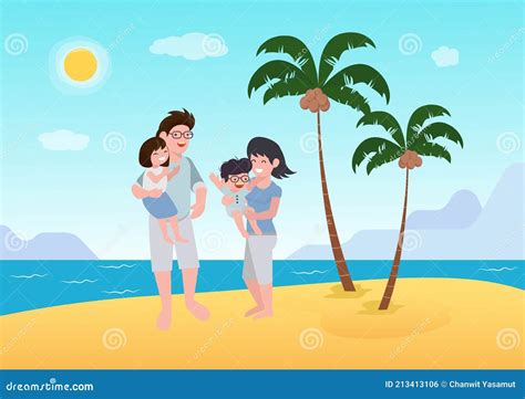 Feliz Familia Con Dos Hijos Disfrutan De Vacaciones De Verano En La