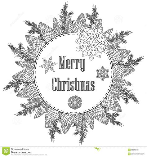 Christmas Wreath With Decorative Items Black And White Vector