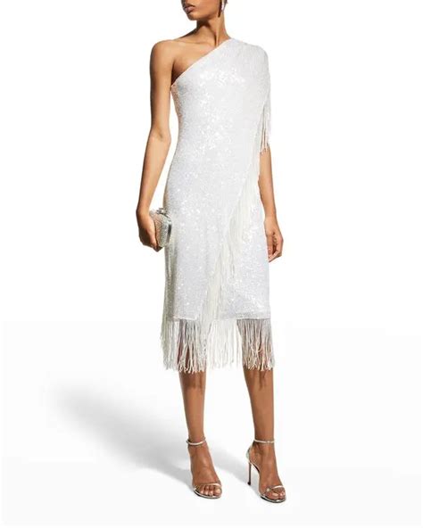 Buy Badgley Mischka Sequin One Shoulder Fringe Toga Dress Light Ivory At 75 Off Editorialist