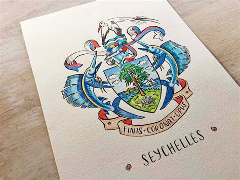 seychelles coat  arms illustrated hand painted watercolor etsy