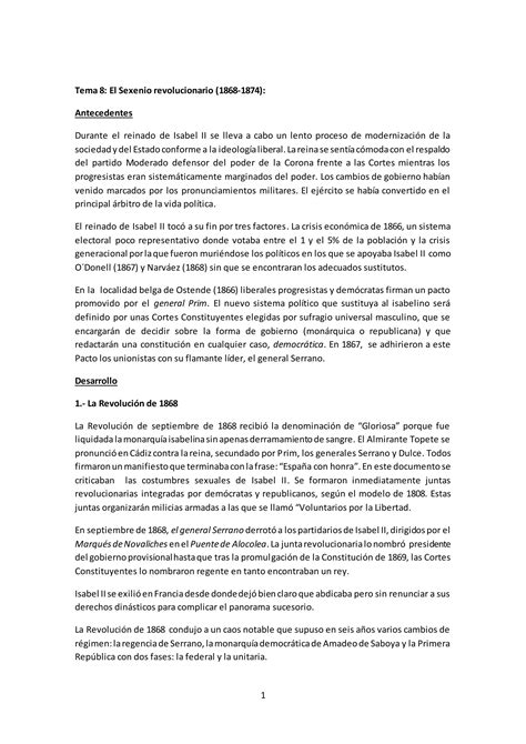 Tema 8 El Sexenio Revolucionario 1868 1874 Pdf Descarga Gratuita