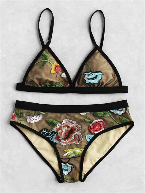 Flower Embroidery Mesh Overlay Bikini Set Shein Sheinside