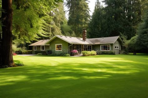 Ranch House With Lush Green Lawn Surrounded By Trees Stock Illustration Illustration Of Ranch