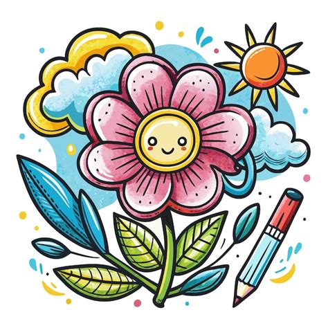 Flor de dibujos animados con cara sonriente deja nubes de sol y lápiz