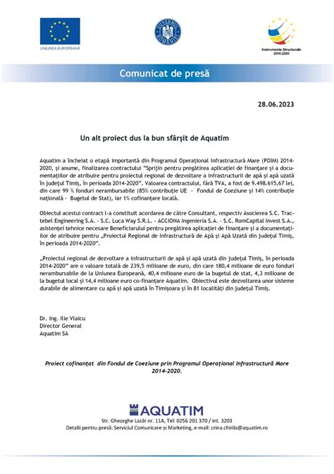 Comunicat De Pres Un Alt Proiect Dus La Bun Sf R It De Aquatim Ziua