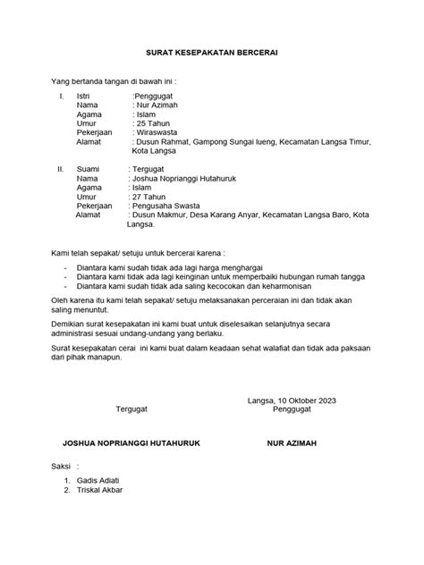 Surat Kesepakatan Bercerai Pdf