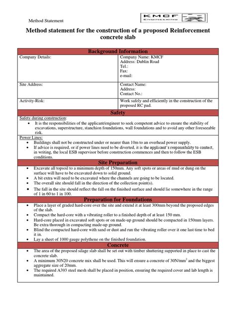 Method Statement Rc Slab Concrete Building Engineering