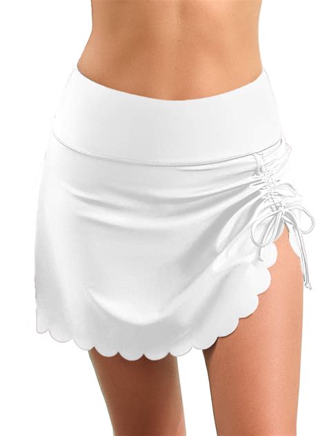 Charmo Womens Scallop Trim Swim Skirt High Waisted Swimsuit Bottoms Side Split Bikini Bottoms