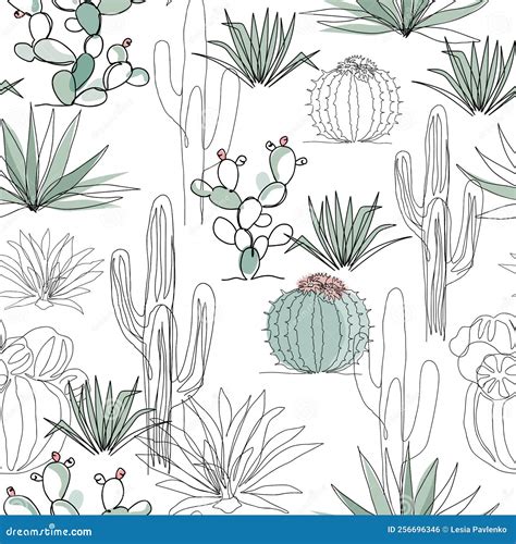 Abstract Cactus Garden Continuous Line Drawing Stock Vector