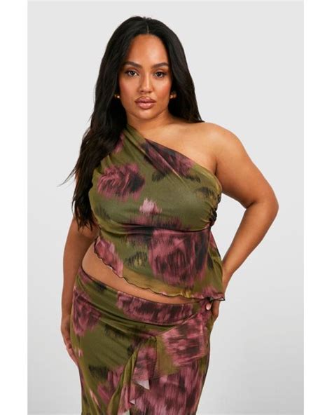 Boohoo Plus Floral Print Mesh Asymmetric Hem One Shoulder Top In Green