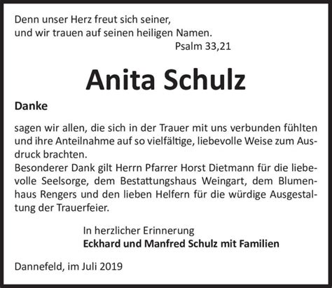 Traueranzeigen Von Anita Schulz Abschied Nehmen De