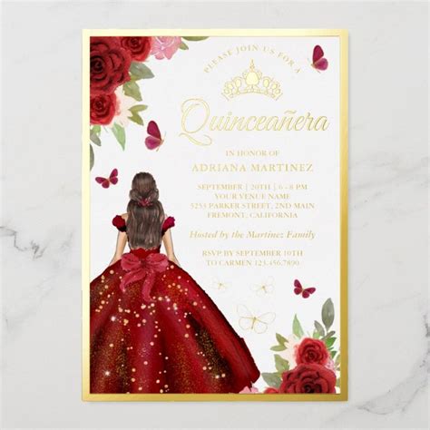 Burgundy Floral Dress Butterfly Quinceanera Gold Foil Invitation