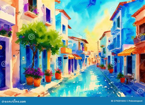 A Watercolor Town. a Mediterranean Paradise. Watercolor Painting of a ...