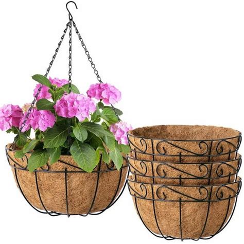 4 Pack Metal Hanging Planter Basket With Coco Coir Liner 10 Inch Round Wire Plant Holder With