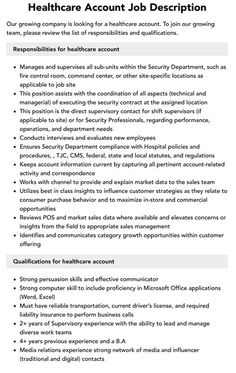 Healthcare Account Job Description Velvet Jobs