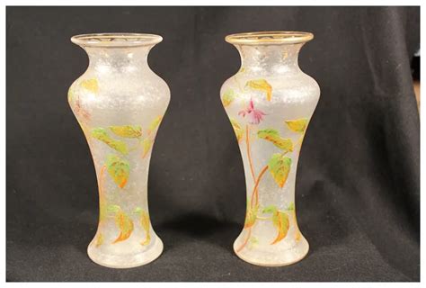 Pair Of French Cameo Glass Vases With Enameling And Gold Accents Ruby