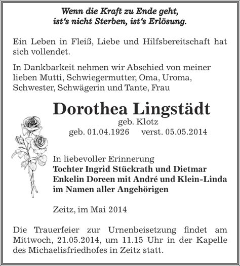 Traueranzeigen Von Dorothea Lingst Dt Abschied Nehmen De