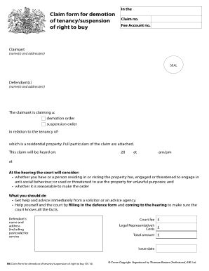 Fillable Online Claim Form For Demotion Of Tenancy Suspension Of Right