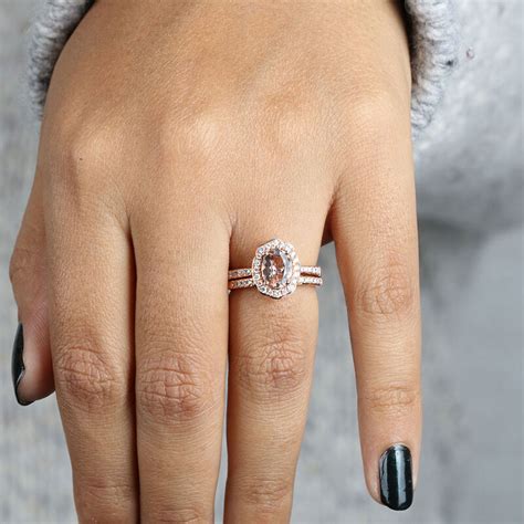 Rose Gold Morganite And Diamond Halo Bridal Set 14k