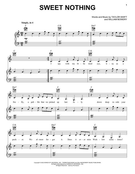 Taylor Swift 'Sweet Nothing' Sheet Music & Chords | Printable Easy ...