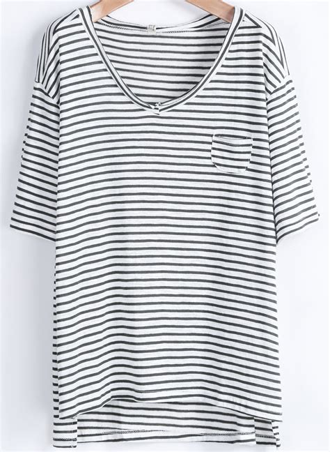 Green White Striped Short Sleeve Dipped Hem T Shirt Shein Sheinside