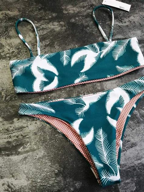 Reversible Leaves Print Strappy Bandeaux Bikini Set