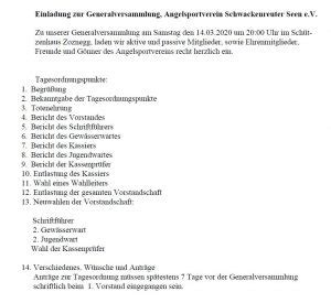 Einladung Generalversammlung ASV Schwackenreuter Seen E V