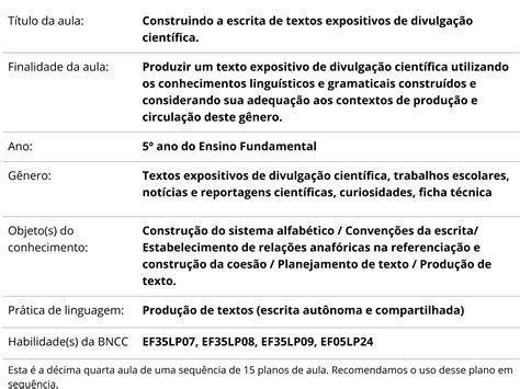 Plano De Aula Ano Construindo A Escrita De Textos Expositivos De