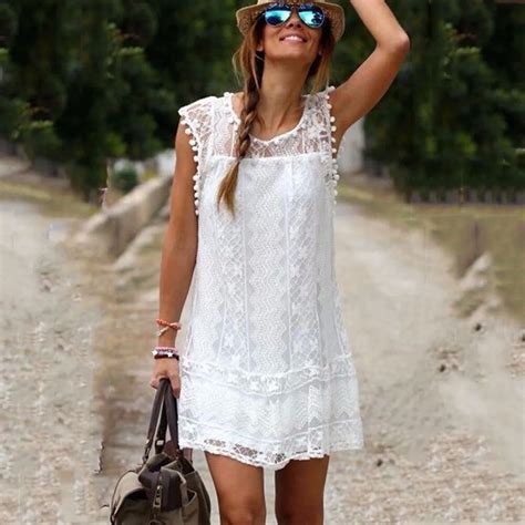 2015 New Fashion Women White Lace Mini Dress Casual O Neck Sleeveless Patchwork Tassel Dresses