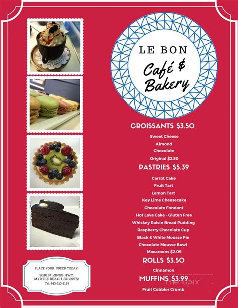 Menu Of Le Bon Cafe And Bakery In Myrtle Beach Sc 29572