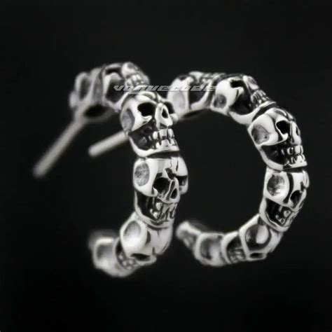 925 Sterling Silver Skull Mens Biker Rocker Punk Stud Earring 8M010 In