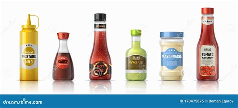 Realistic Sauces Bottles Isolated 3d Liquid Condiments Containers Packaging For Chili Ketchup