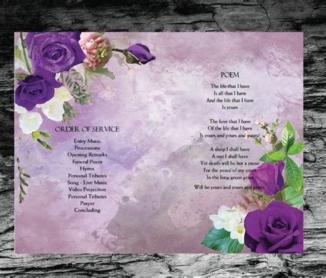 Funeral Program Template Violet Purple Roses Memorial Etsy Funeral