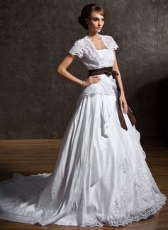 A Line Princess Strapless Chapel Train Taffeta Lace Wedding Dress With